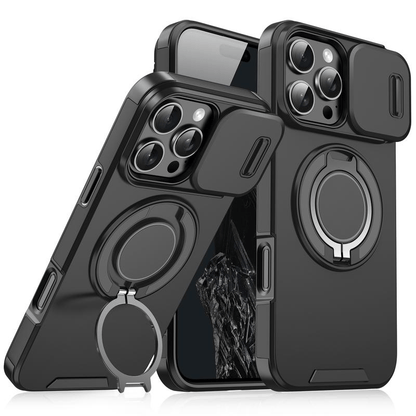 iPhone-cover med skydedæksel til kameraet og roterbar ringholder