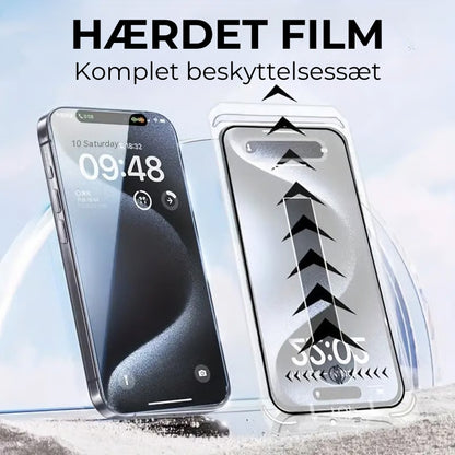 iPhone sikkerhedssæt med silketrykt støvfri hærdet skærmfilm