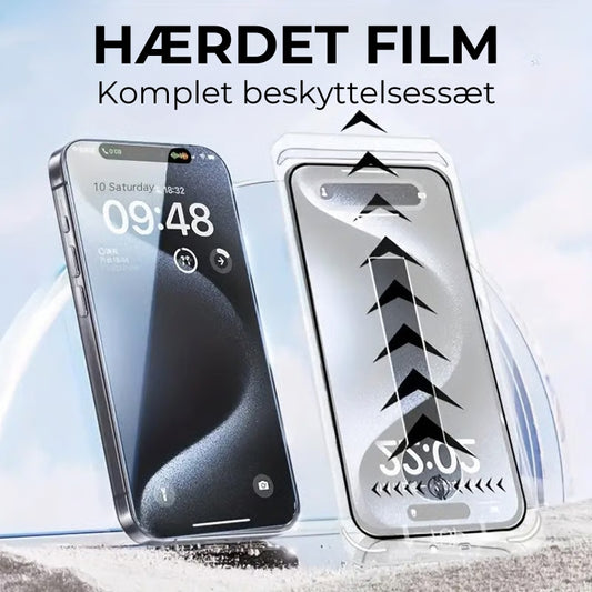 iPhone sikkerhedssæt med silketrykt støvfri hærdet skærmfilm