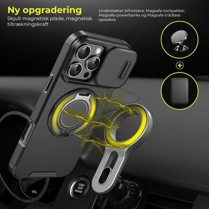 iPhone-cover med skydedæksel til kameraet og roterbar ringholder