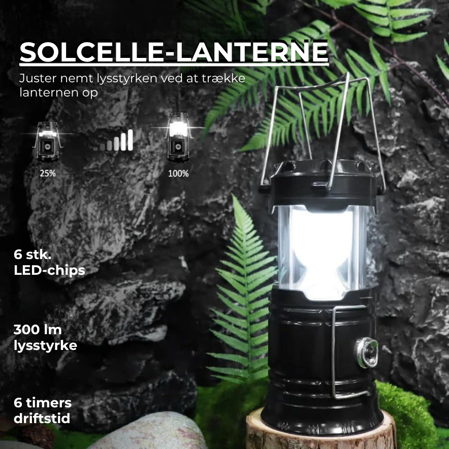 Solenergi + USB-campinglygte og -lommelygte
