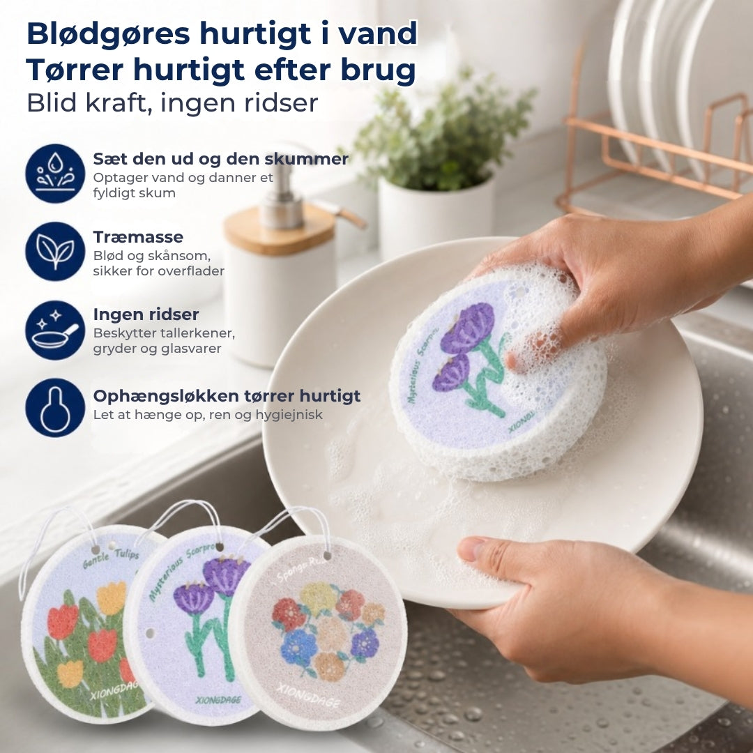 Absorberende svamp af træmasse med blomstermønster – 5 stk.