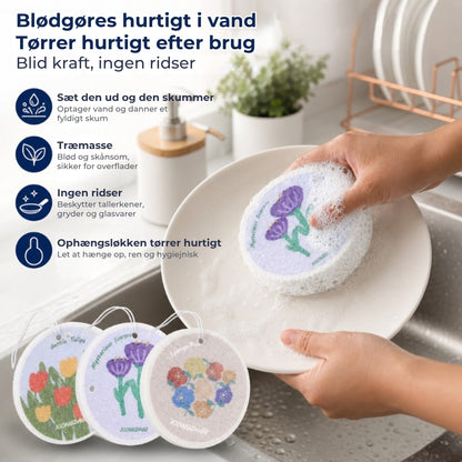 Absorberende svamp af træmasse med blomstermønster – 5 stk.