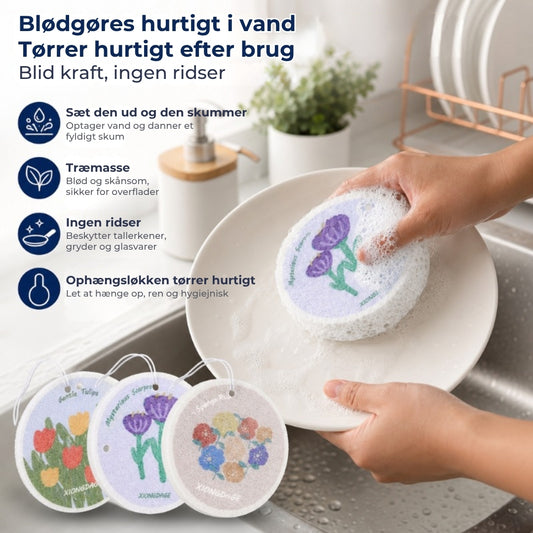 Absorberende svamp af træmasse med blomstermønster – 5 stk.