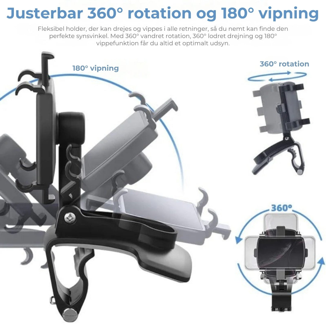 360° telefonholder til instrumentbræt, solskærm og bakspejl