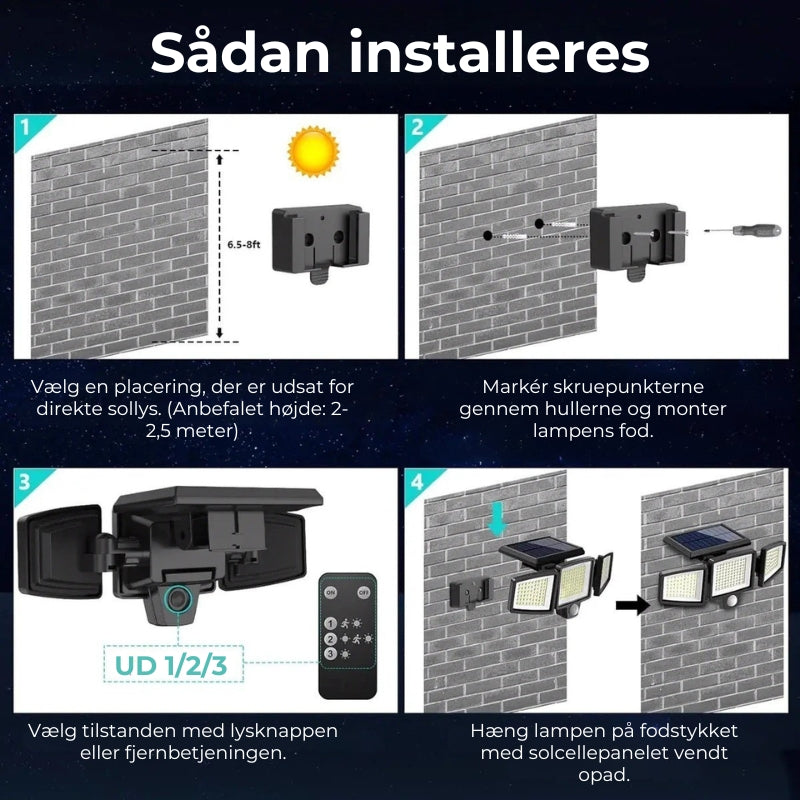 Udendørs solcelledrevet LED-væglampe med bevægelsessensor – 200 LED og vandtæt
