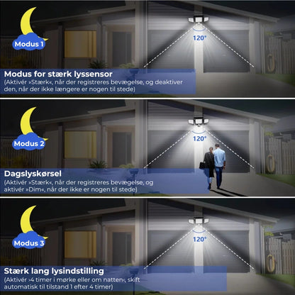 Udendørs solcelledrevet LED-væglampe med bevægelsessensor – 200 LED og vandtæt