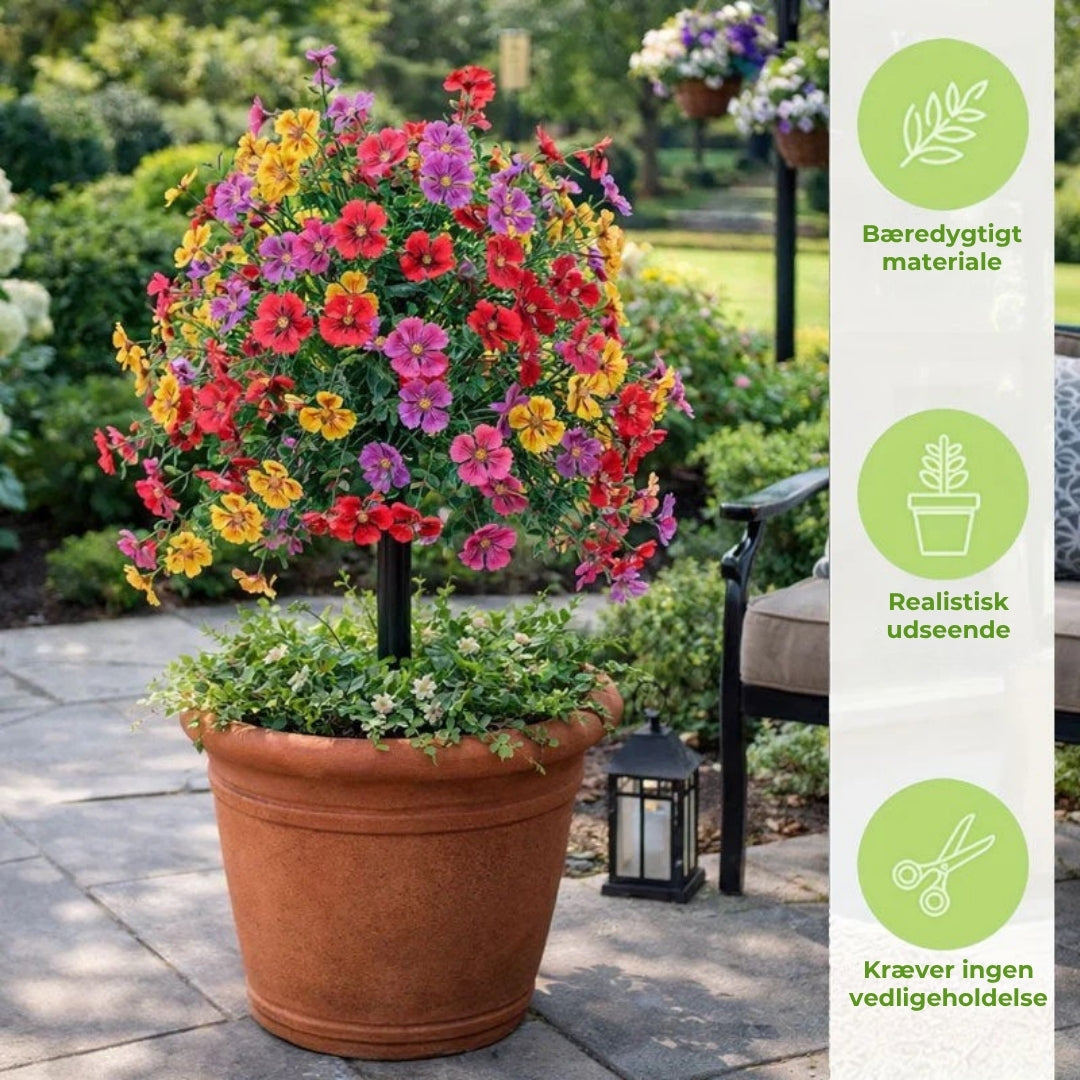 Blomsterdekoration med kunstig eukalyptus og violer
