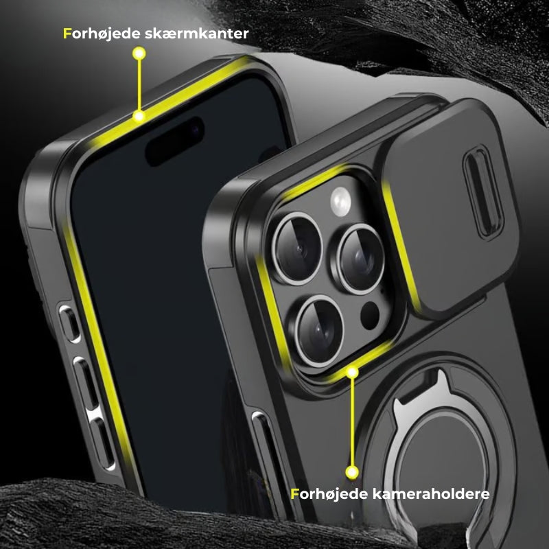 iPhone-cover med skydedæksel til kameraet og roterbar ringholder