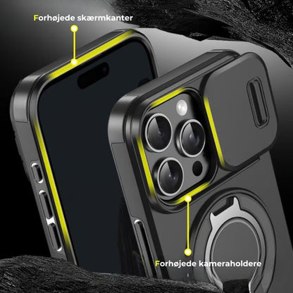 iPhone-cover med skydedæksel til kameraet og roterbar ringholder