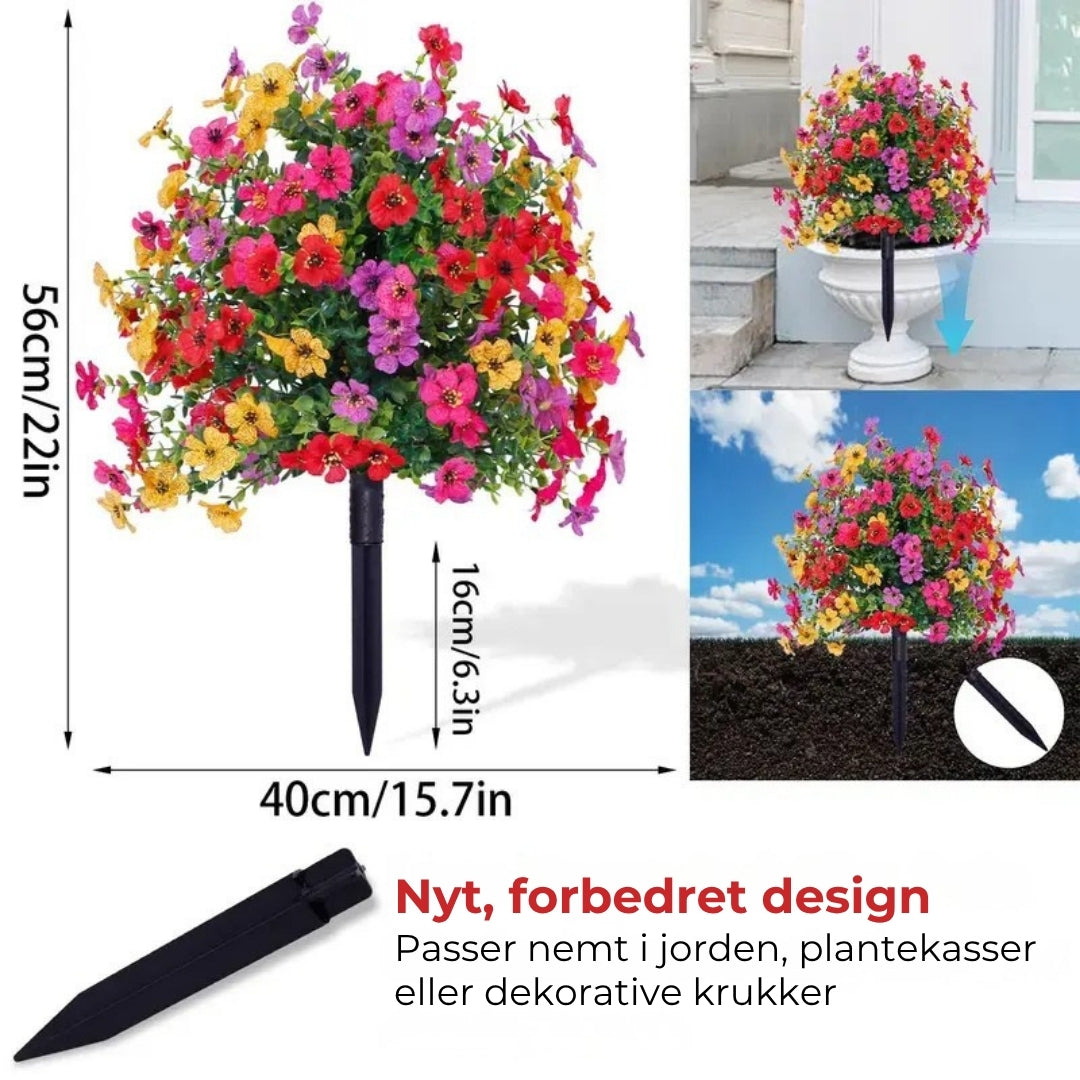 Blomsterdekoration med kunstig eukalyptus og violer