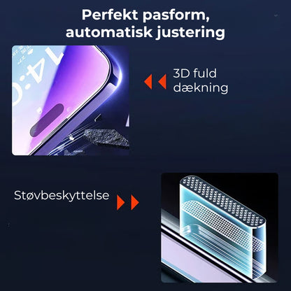 iPhone sikkerhedssæt med silketrykt støvfri hærdet skærmfilm
