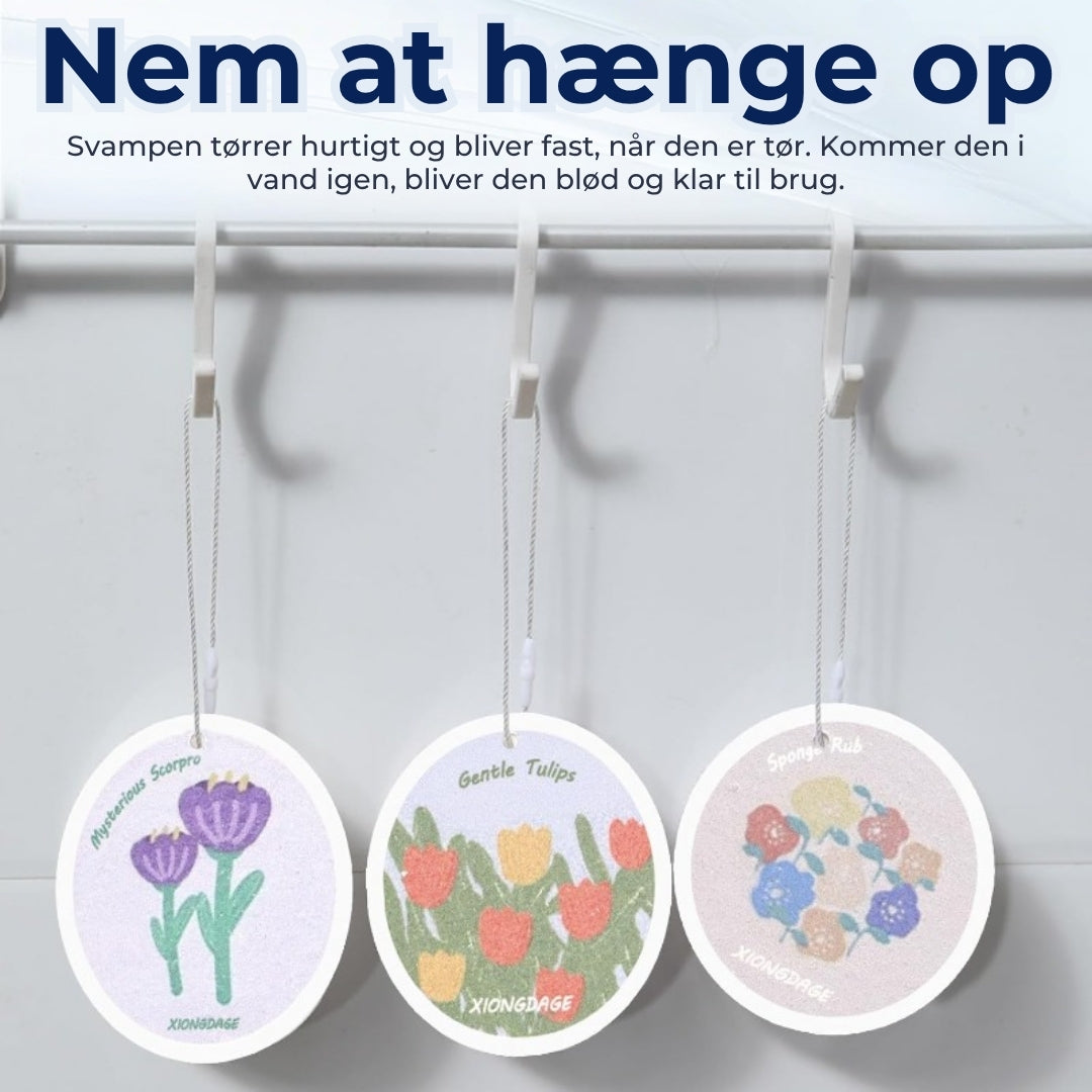 Absorberende svamp af træmasse med blomstermønster – 5 stk.