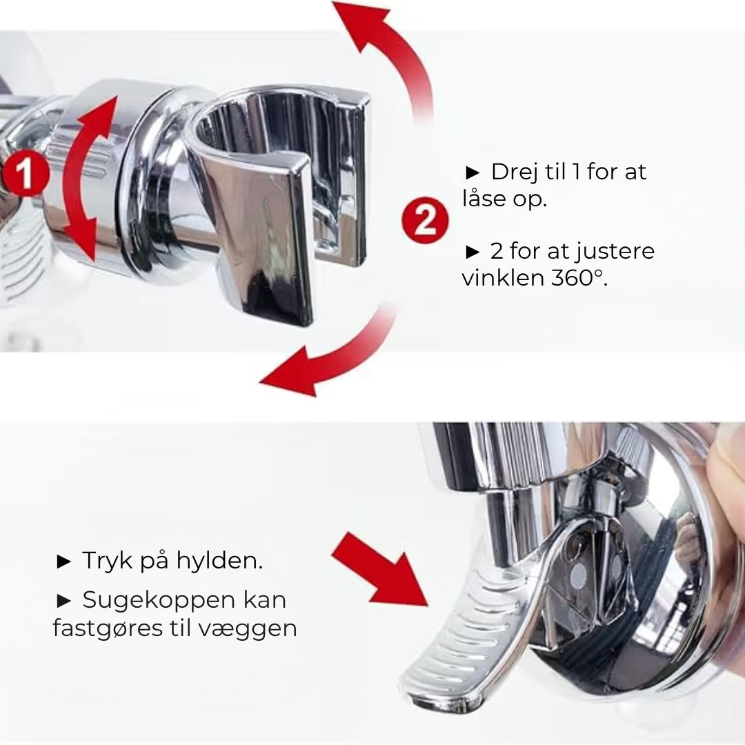 Justerbar brusehovedholder med sugekop