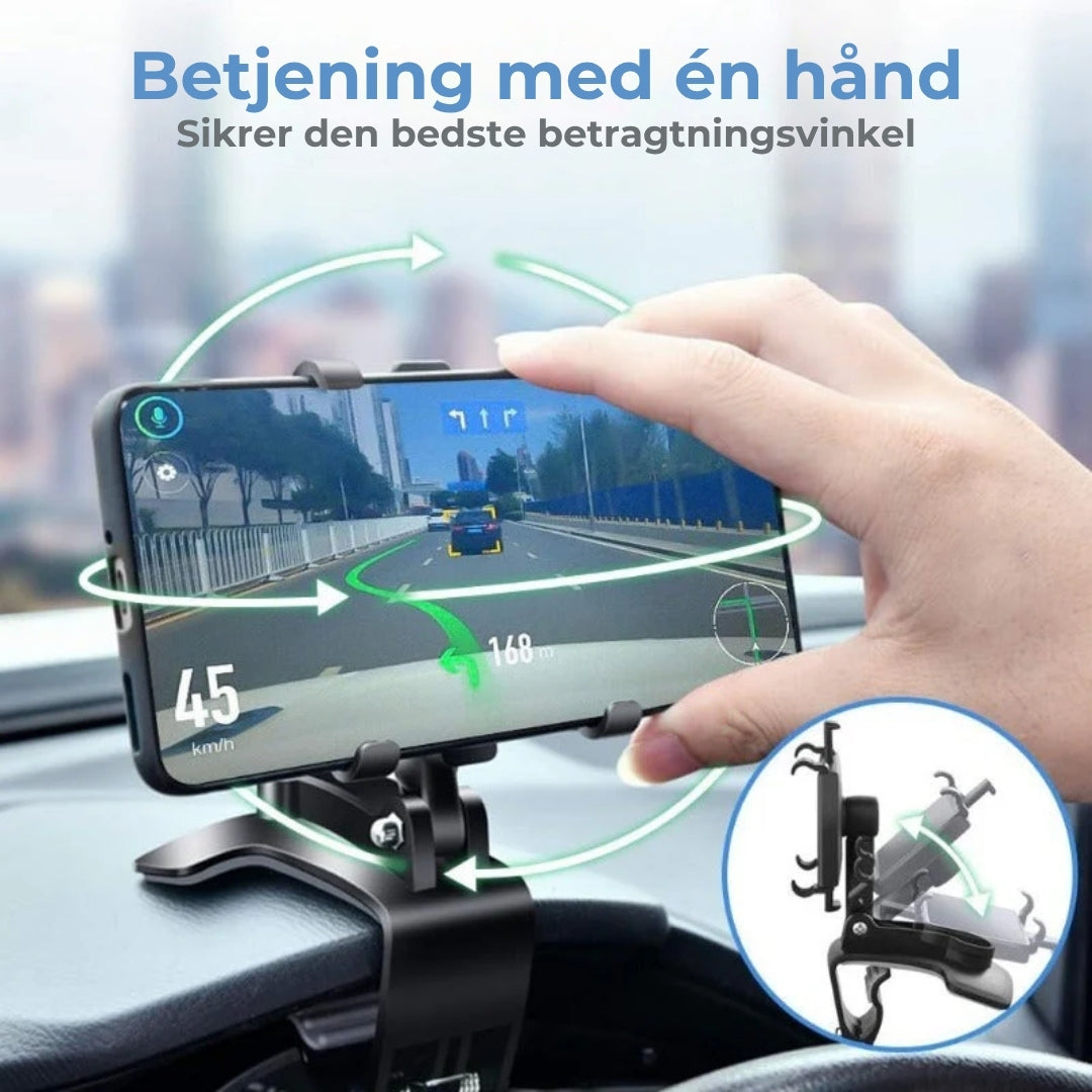 360° telefonholder til instrumentbræt, solskærm og bakspejl