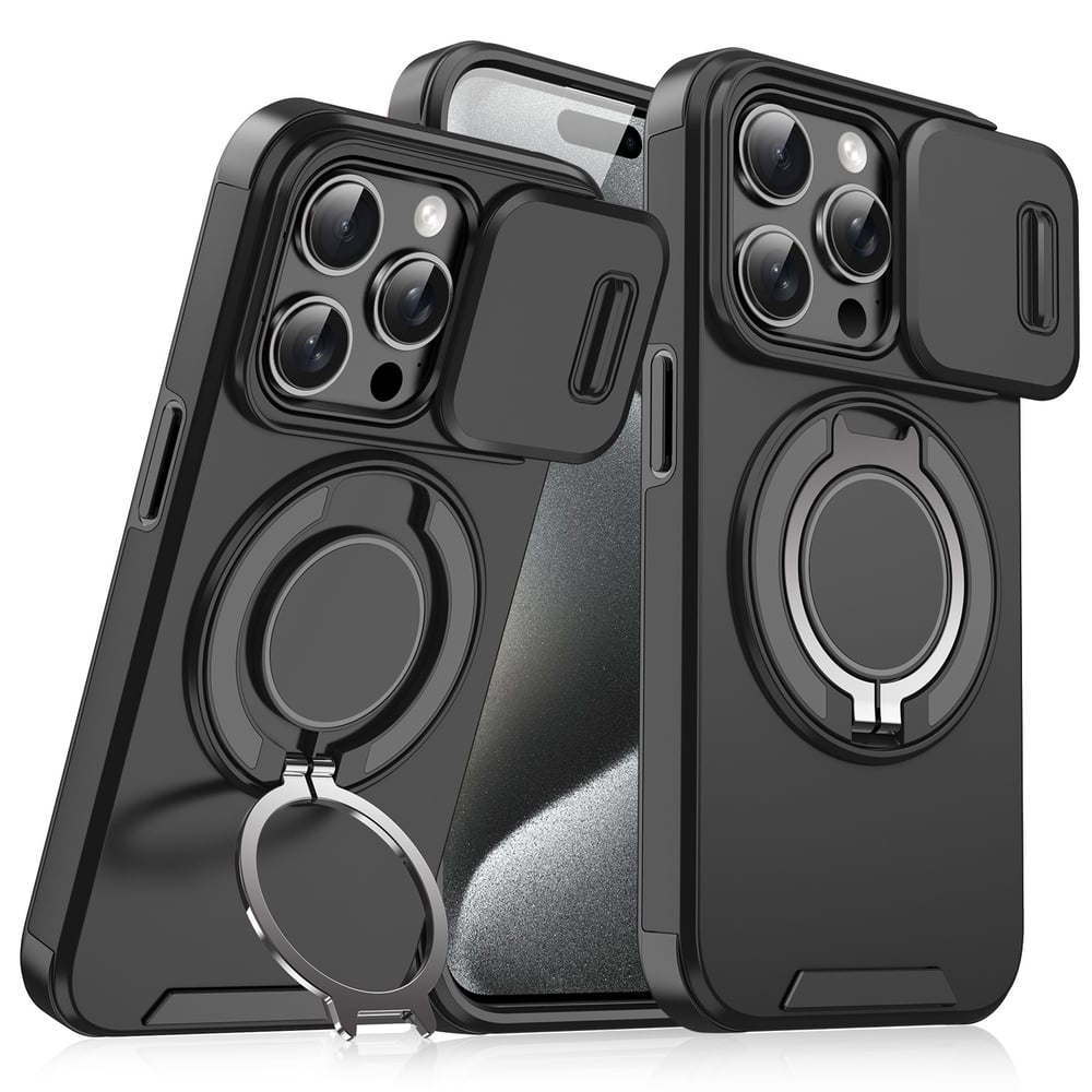 iPhone-cover med skydedæksel til kameraet og roterbar ringholder