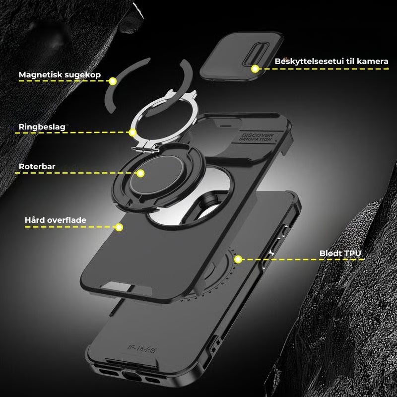 iPhone-cover med skydedæksel til kameraet og roterbar ringholder