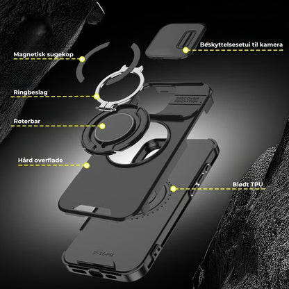 iPhone-cover med skydedæksel til kameraet og roterbar ringholder