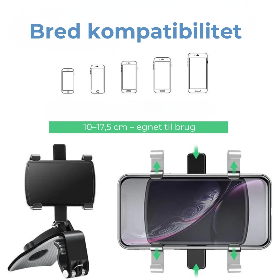 360° telefonholder til instrumentbræt, solskærm og bakspejl