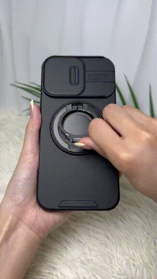 iPhone-cover med skydedæksel til kameraet og roterbar ringholder
