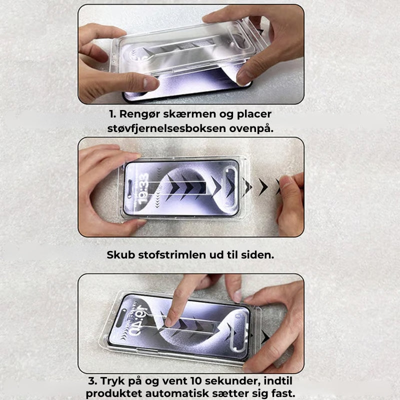 iPhone sikkerhedssæt med silketrykt støvfri hærdet skærmfilm