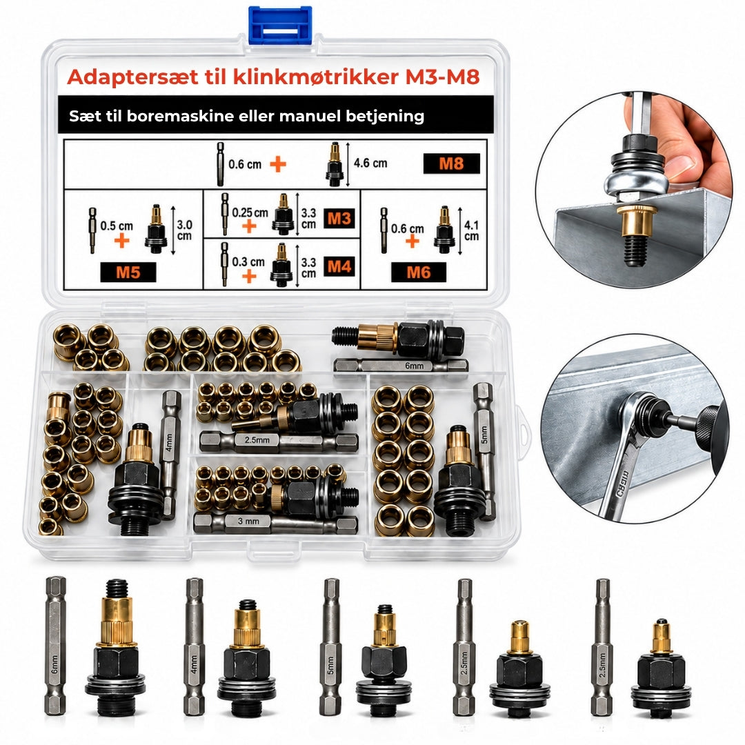 Adaptersæt til skruemøtrikker til boremaskiner og manuel betjening (M3-M8)