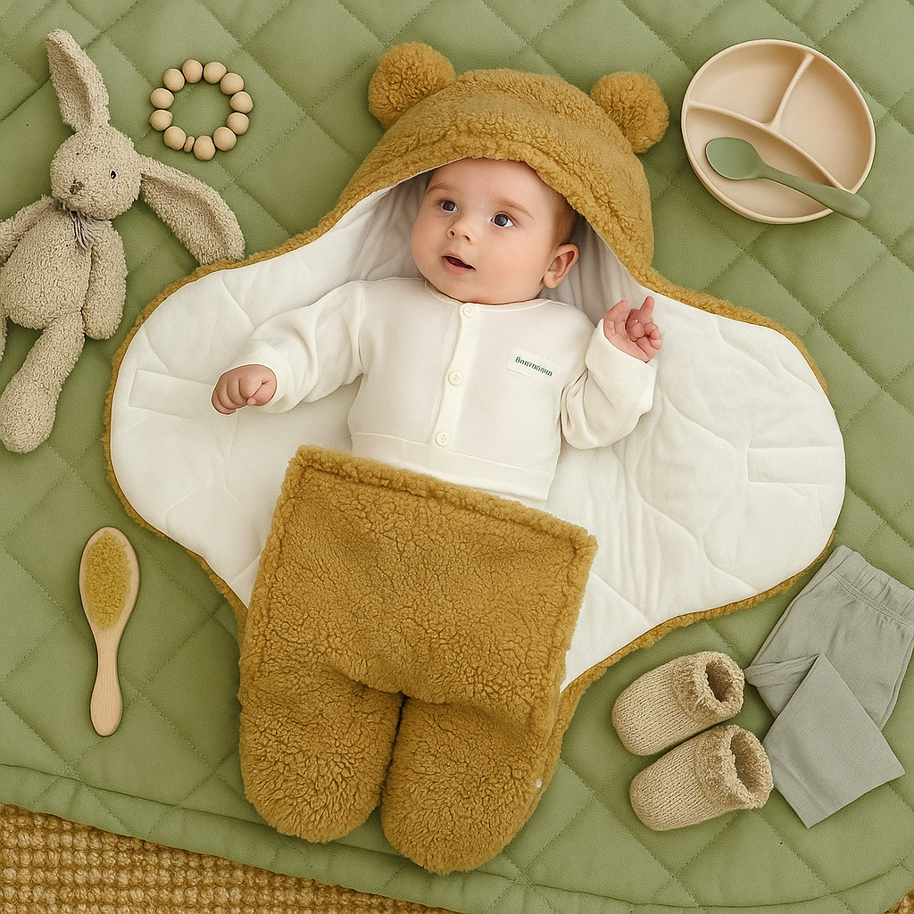 Baby tæppe og pyjamas med bjørnemotiv