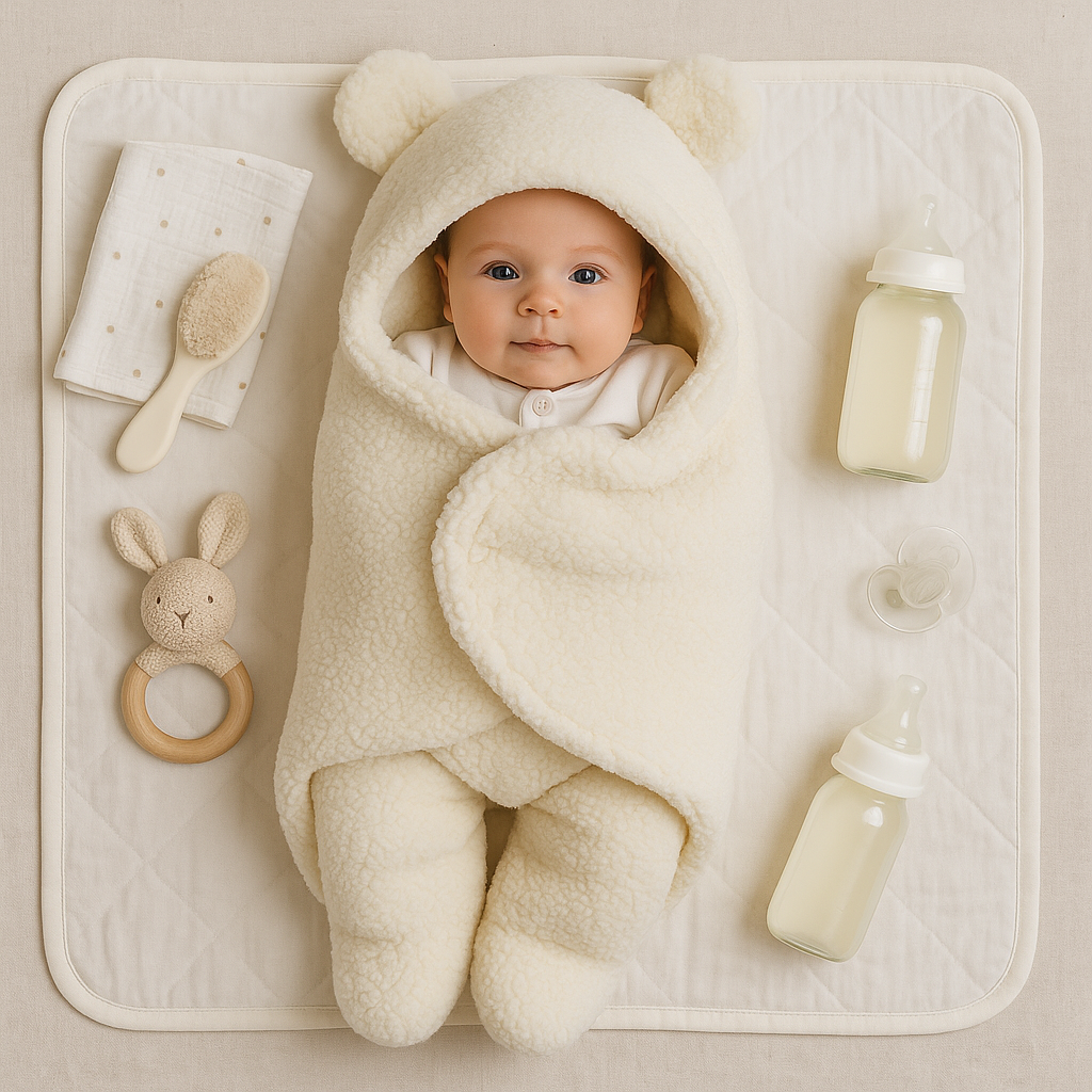 Baby tæppe og pyjamas med bjørnemotiv