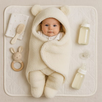 Baby tæppe og pyjamas med bjørnemotiv