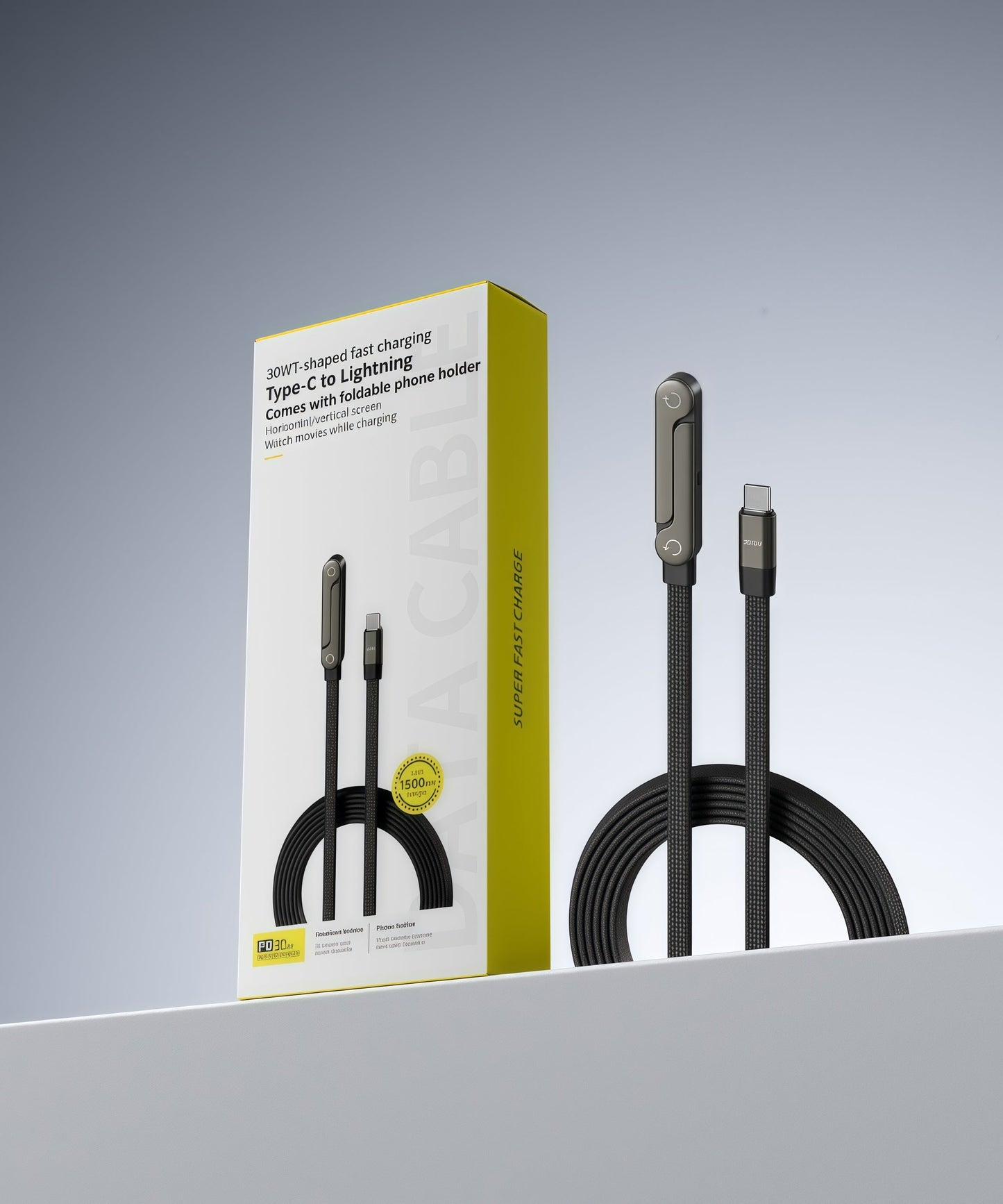Ergonomisk 2-i-1 kabel til hurtig opladning og telefonholder