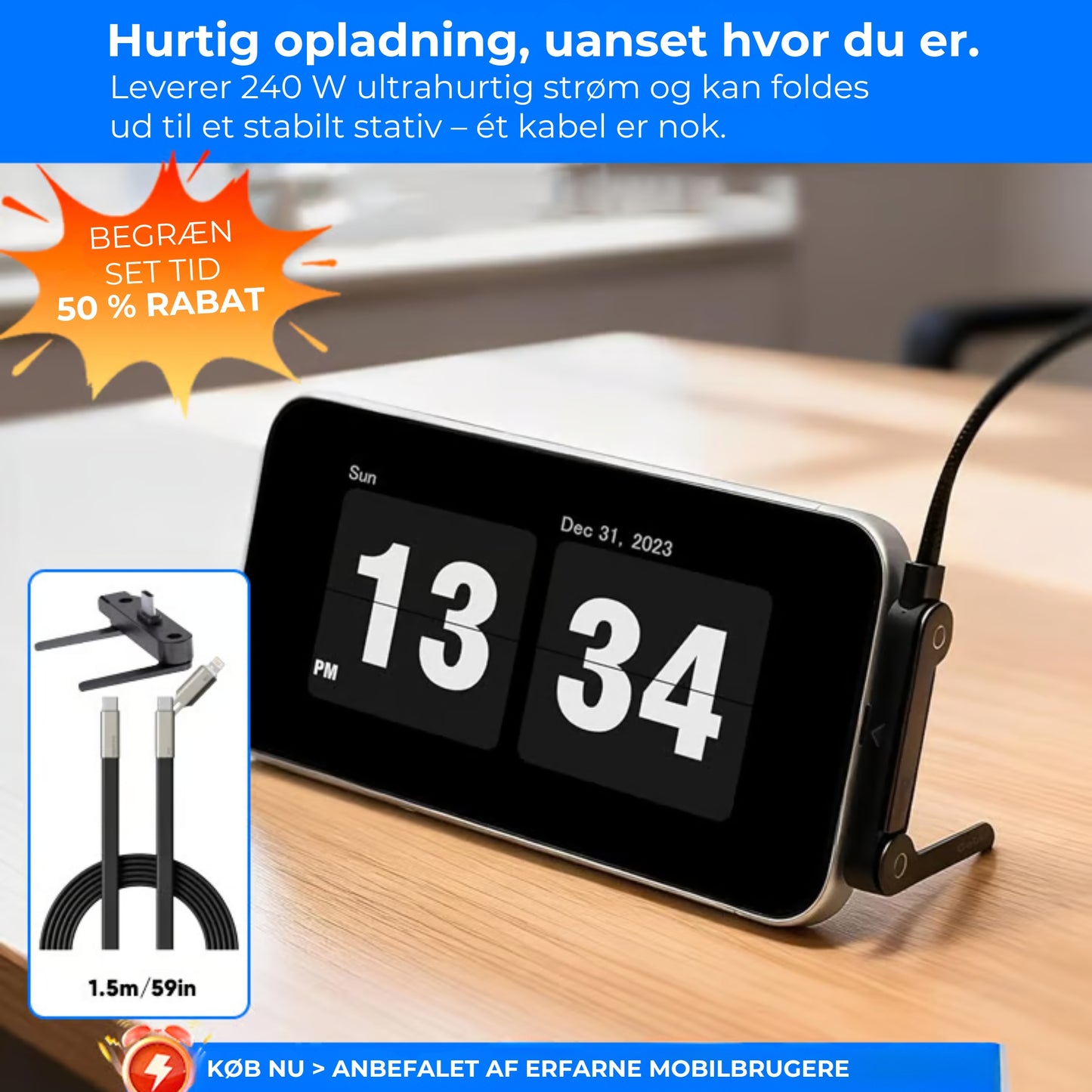 240 W hurtigopladerkabel med 360° roterbar holder