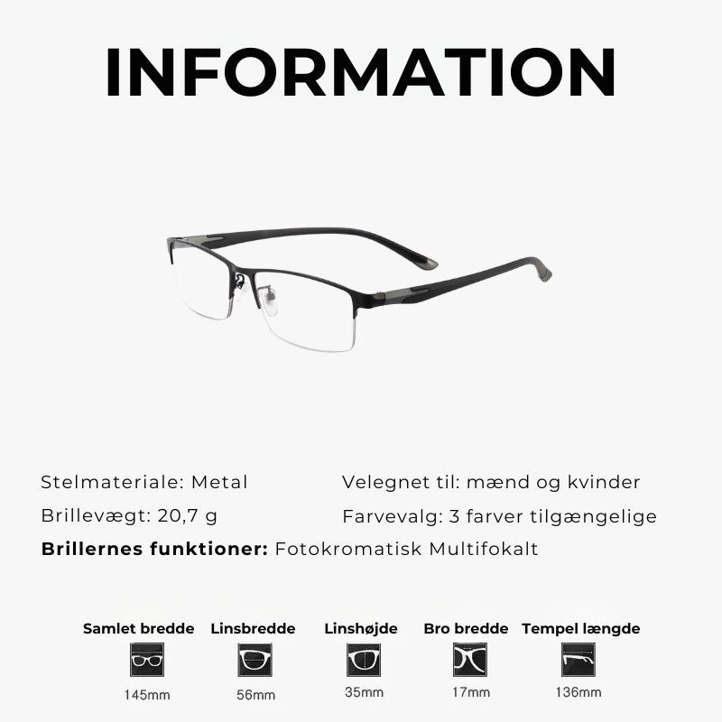 Multifokale, fotochromatiske læsebriller i ultralet metalhalvstel