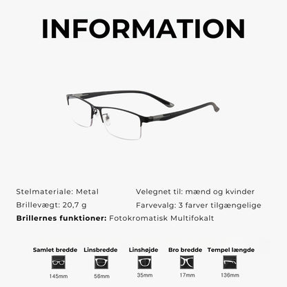 Multifokale, fotochromatiske læsebriller i ultralet metalhalvstel